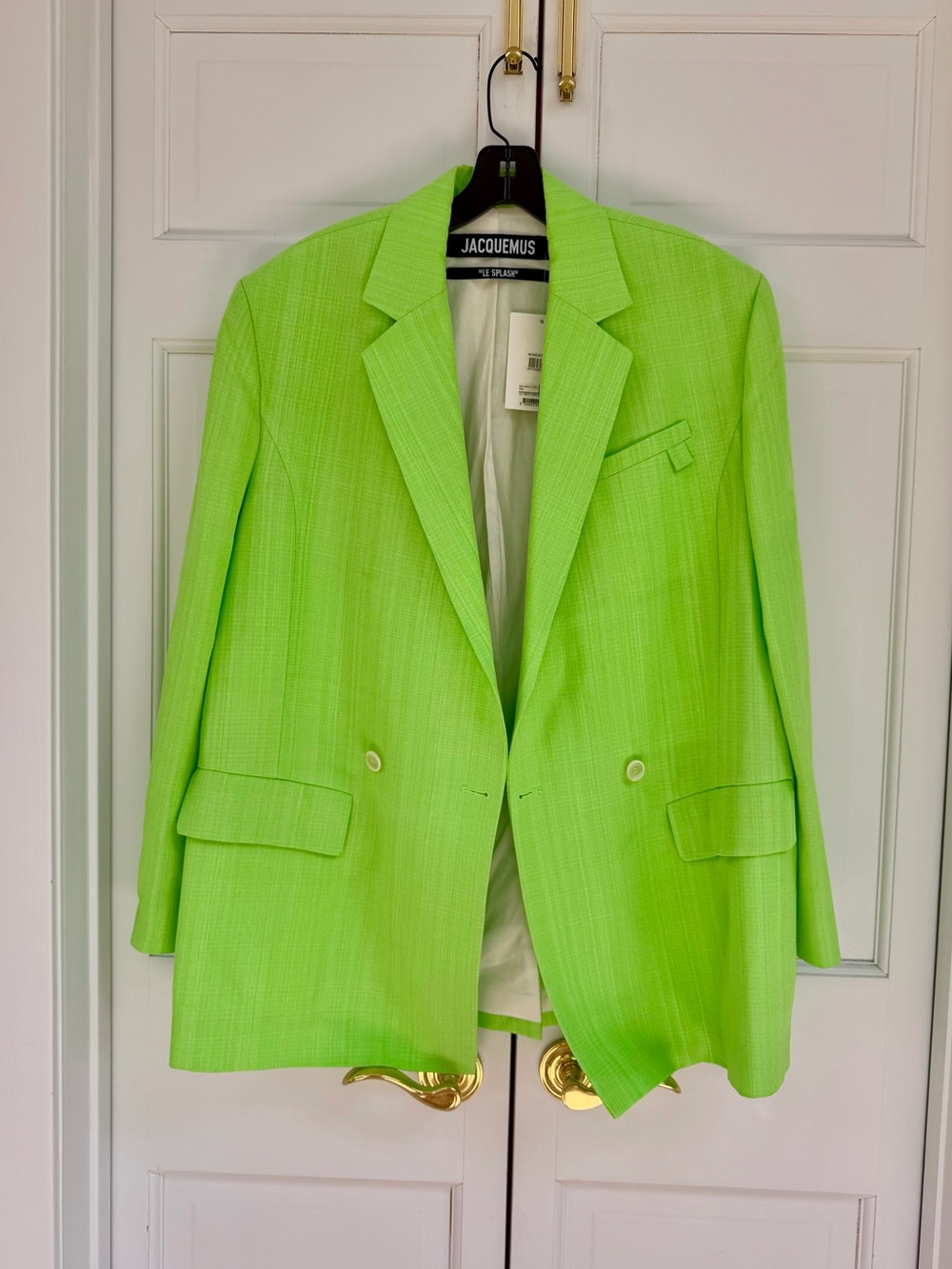Jacquemus “Le Splash” Neon Lime Green Double-Breasted Linen Blazer - Picture 8 of 16